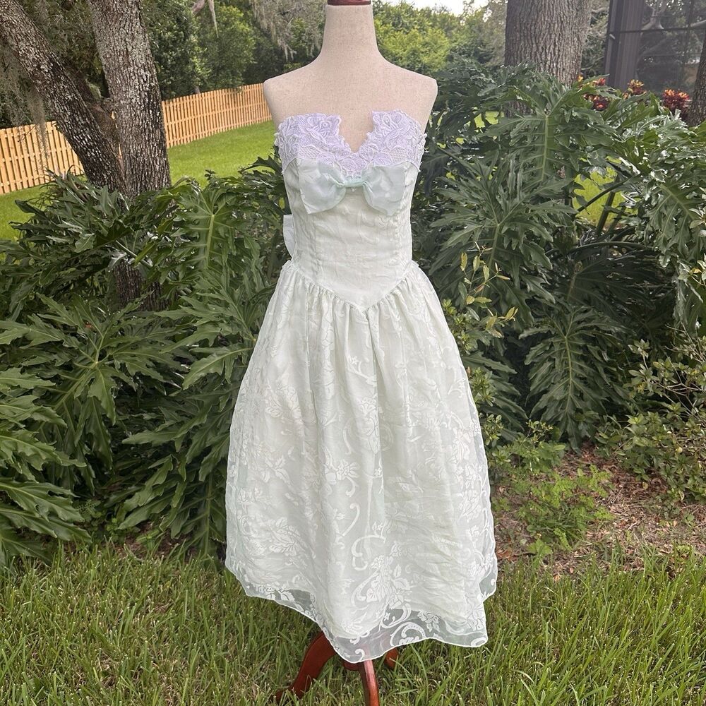 Vintage Scott McClintock Dress Size 6 Bow Floral Blue Lace Strapless Prom